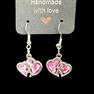 Handmade Earrings Double Entwined Hearts Clear Center w/ Pink Swirls Pierced NEW